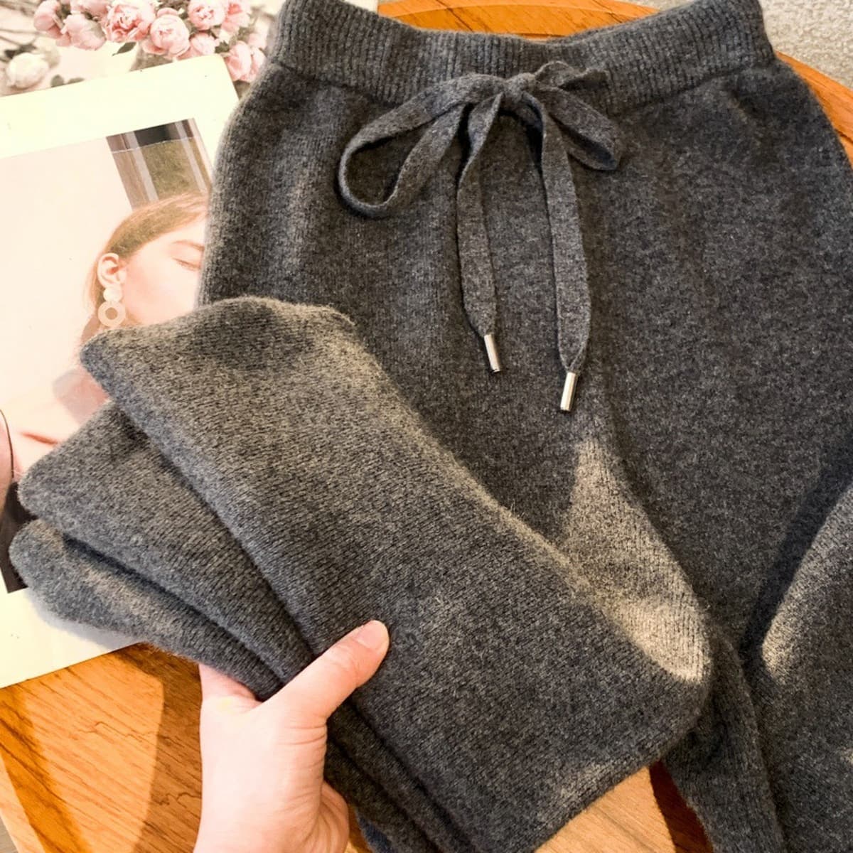 Осенне-зимние элегантные широкие брюки из 100% австралийской чистой шерсти с высокой талией для женщин, прямые брюки из...