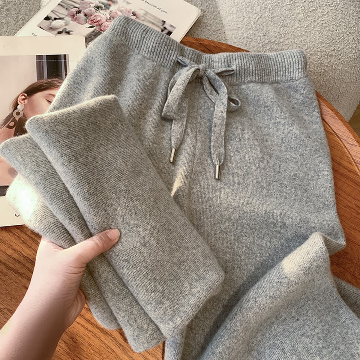 Осенне-зимние элегантные широкие брюки из 100% австралийской чистой шерсти с высокой талией для женщин, прямые брюки из...