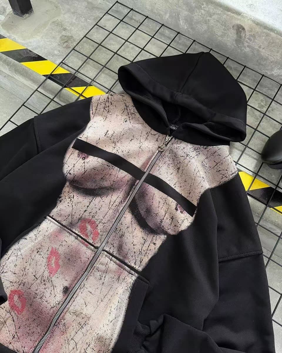 2025 новый принт Харадзюку поцелуй с принтом осенняя женская толстовка с капюшоном на молнии с длинными рукавами толстовка...