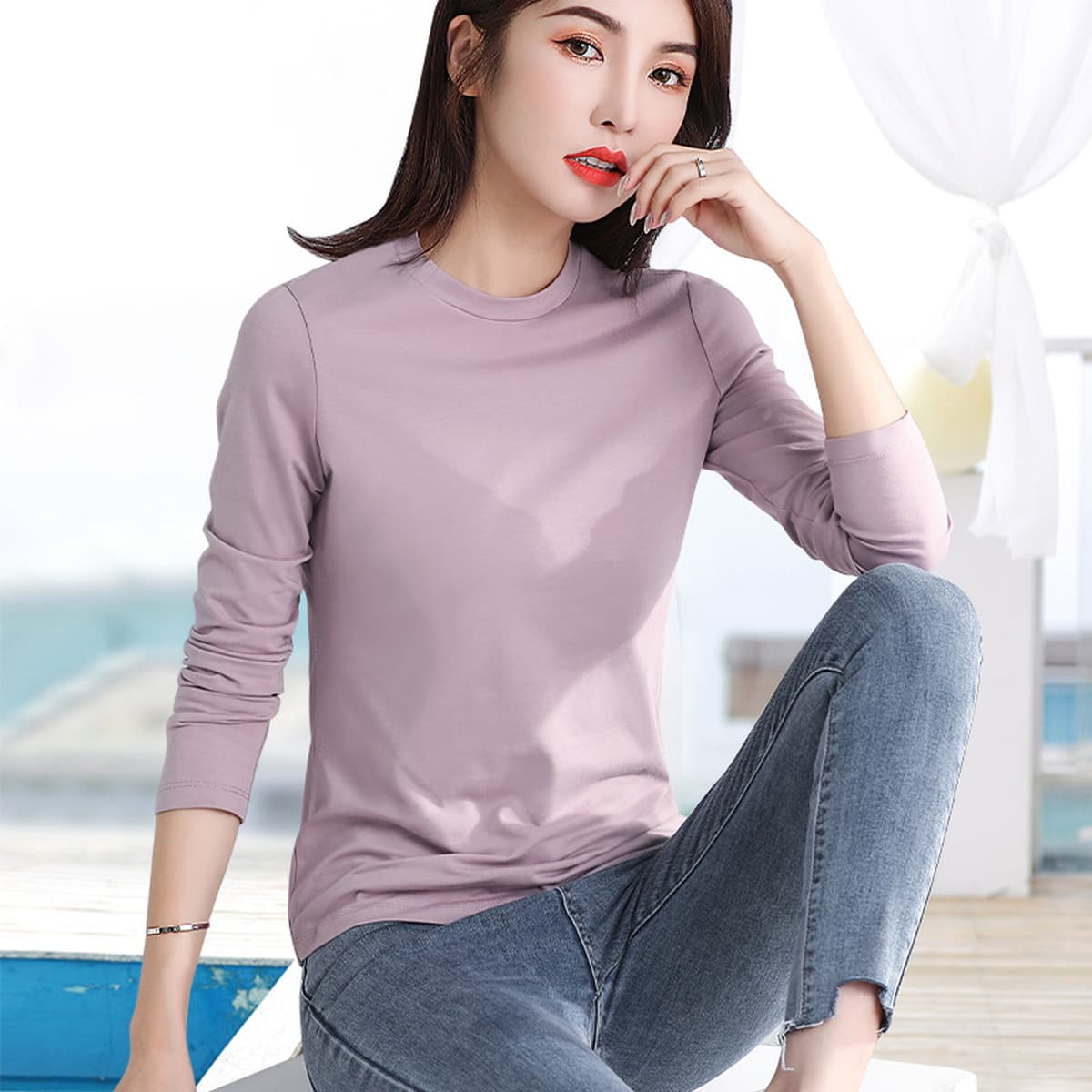 Футболка с длинными рукавами из хлопка женская тонкая внутренняя нижняя рубашка