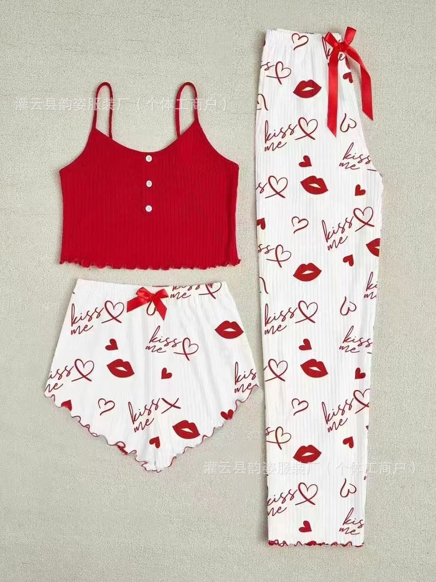 Комплект из трех предметов: сексуальная женская домашняя одежда (топ, шорты, брюки) для осени и зимы, оптом