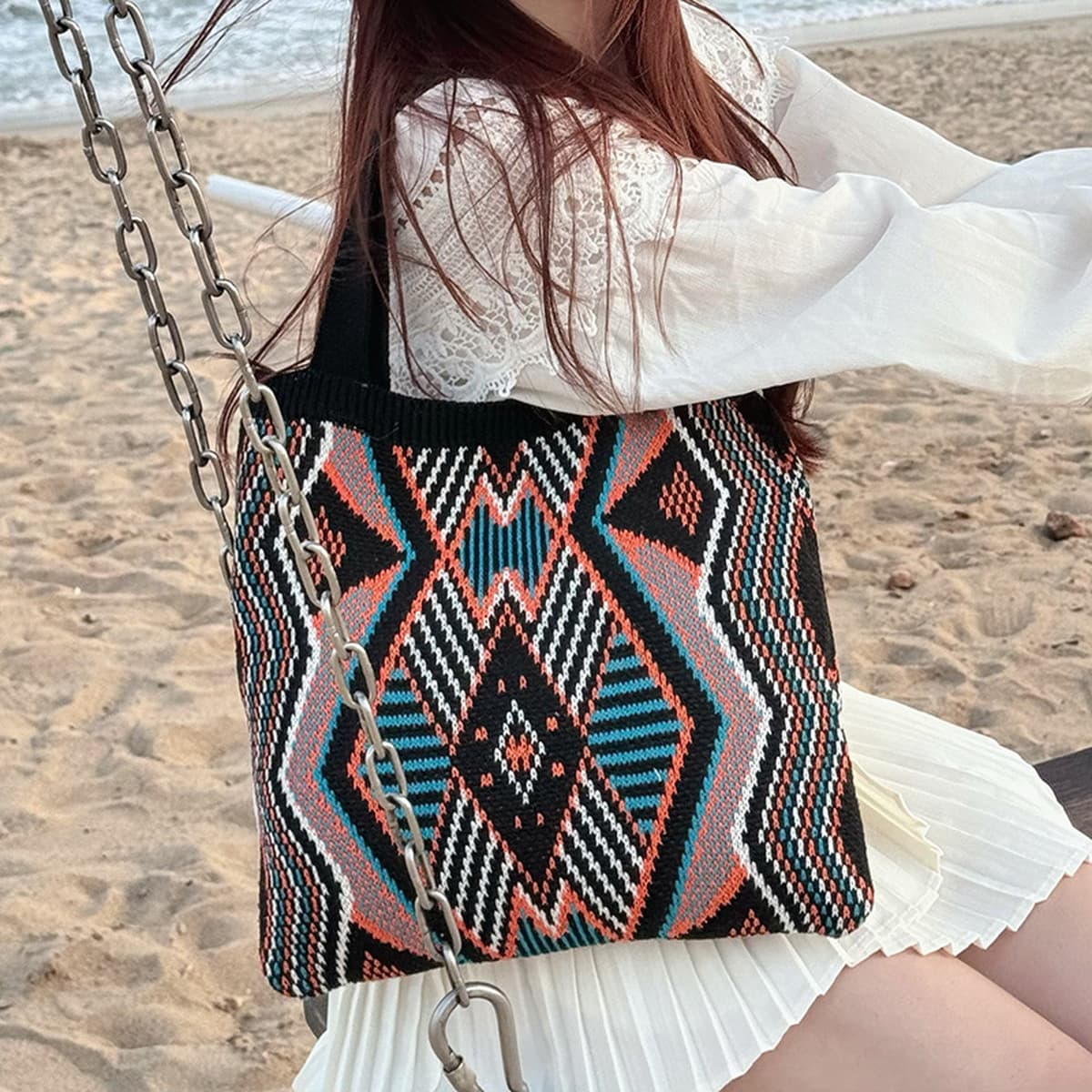 Вязаная сумка для женщин, большая вместимость, сумка через плечо в стиле casual, для отдыха на море, плетеная сумка в лесном...