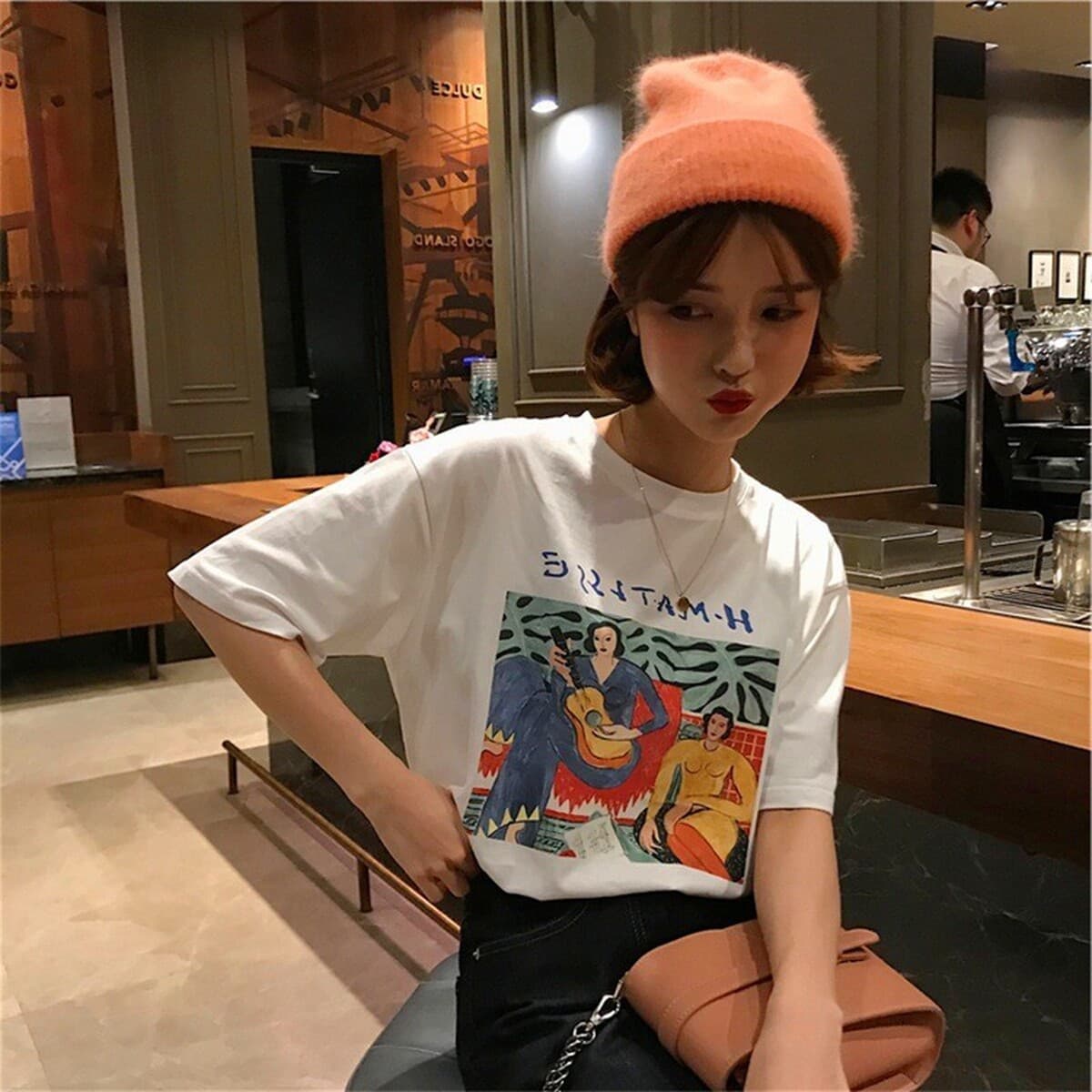 Популярная рекомендация по дропшиппингу: женская футболка из чистого хлопка с короткими рукавами и принтом, круглый вырез,...