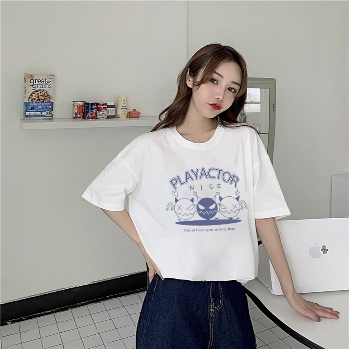 Популярная рекомендация по дропшиппингу: женская футболка из чистого хлопка с короткими рукавами и принтом, круглый вырез,...