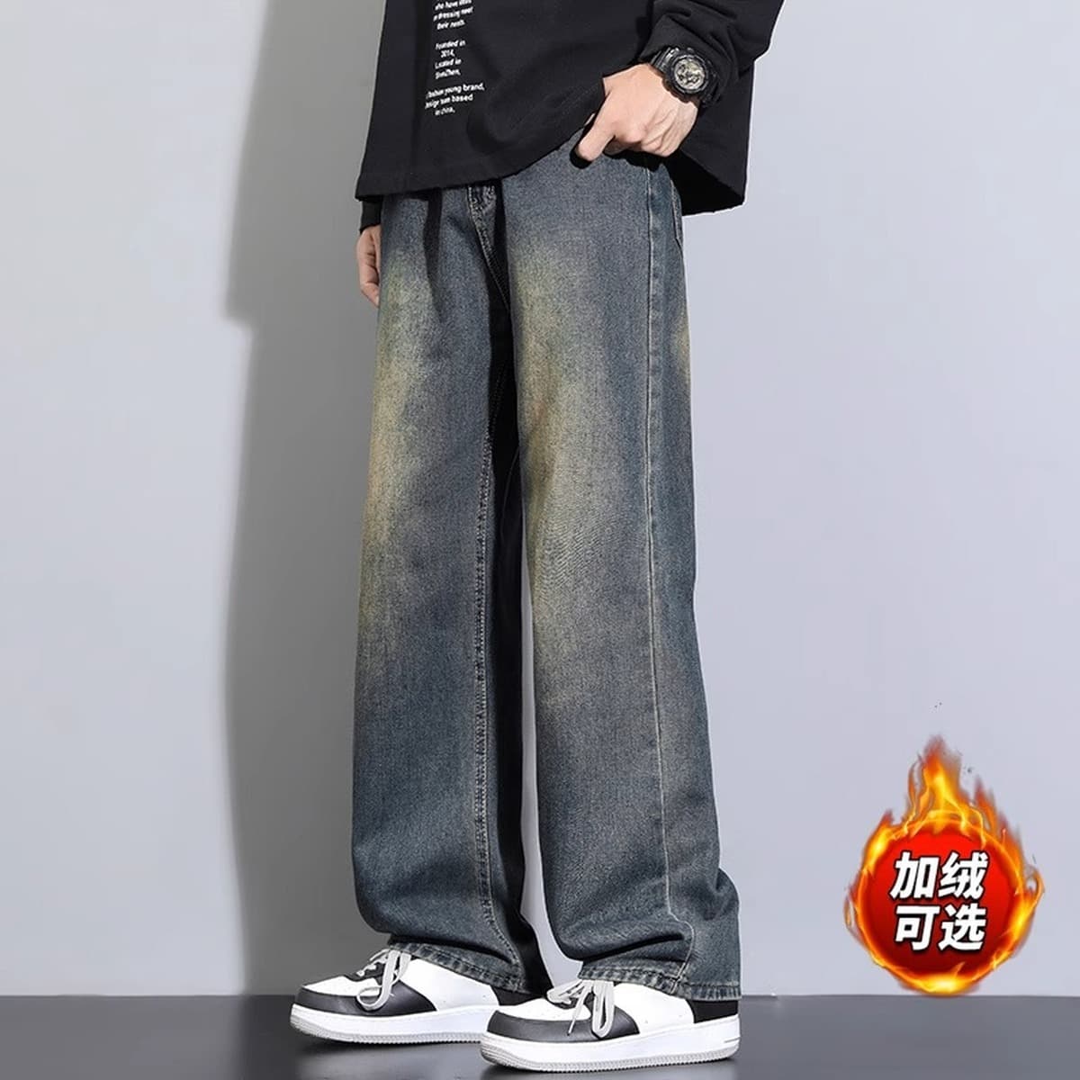 Мужские джинсы NASA, осень-зима 2025, новые, прямые, свободные, в американском стиле, повседневные, на флисовой подкладке