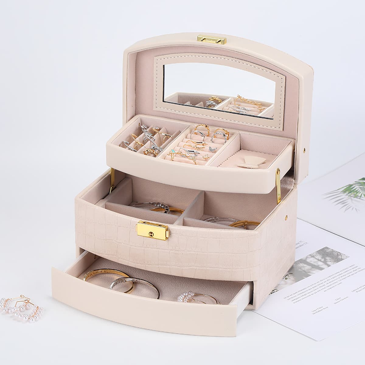 Новая многослойная шкатулка с крокодиловым узором из искусственной кожи трехслойная шкатулка для драгоценностей серьги...