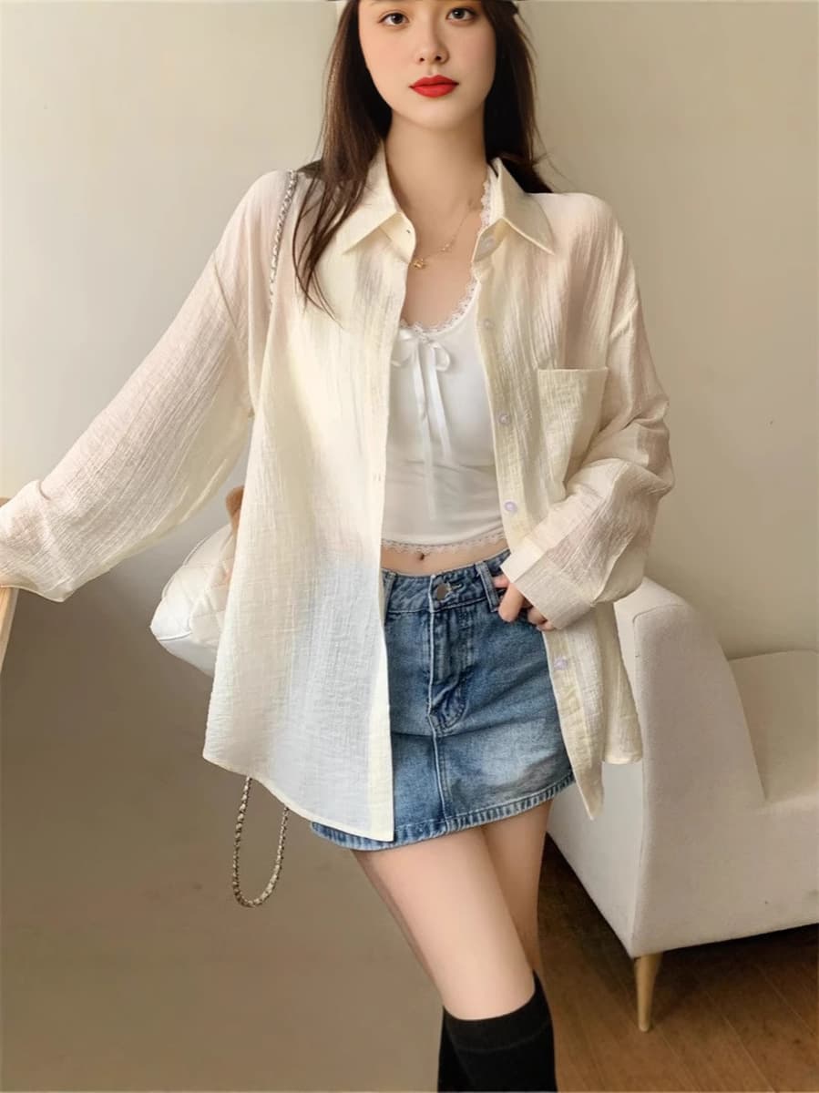 Женская рубашка с защитой от солнца из тенселя, лето 2025, легкая верхняя одежда, ленивый стиль, слегка прозрачный свободный...