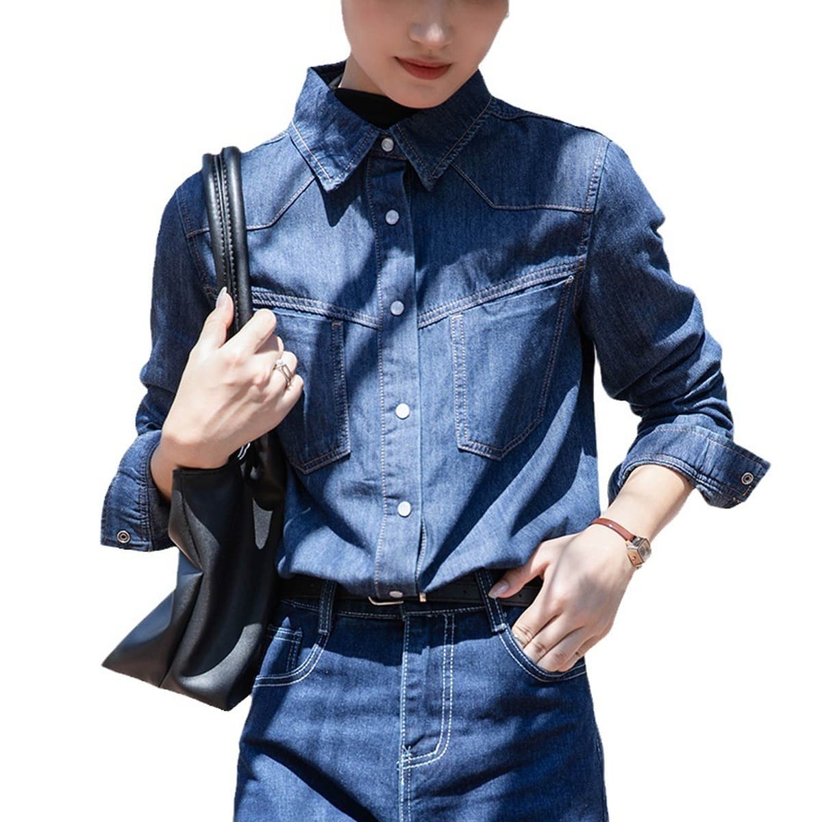 2025 Весна и осень Новый Гонконгский стиль Повседневная джинсовая куртка-рубашка Женская свободная рубашка с длинным рукавом...