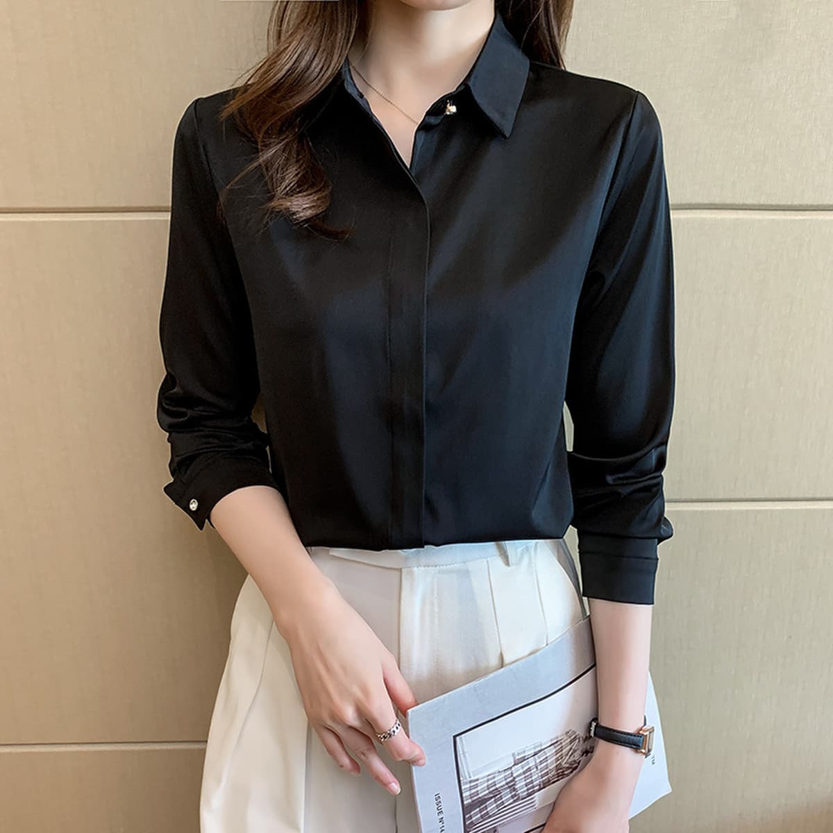 Женская рубашка из сатина для деловых встреч и собеседований, осень-зима 2025, белая, немнущаяся, с длинным рукавом,...