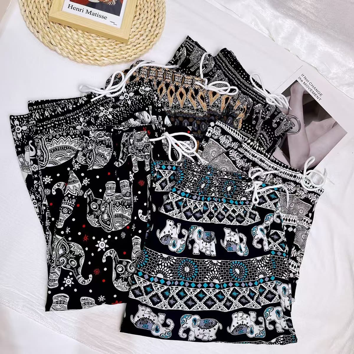 Юго-Восточная Азия тайский этнический слон широкие брюки женские летние свободные тонкие прямые брюки с высокой талией...