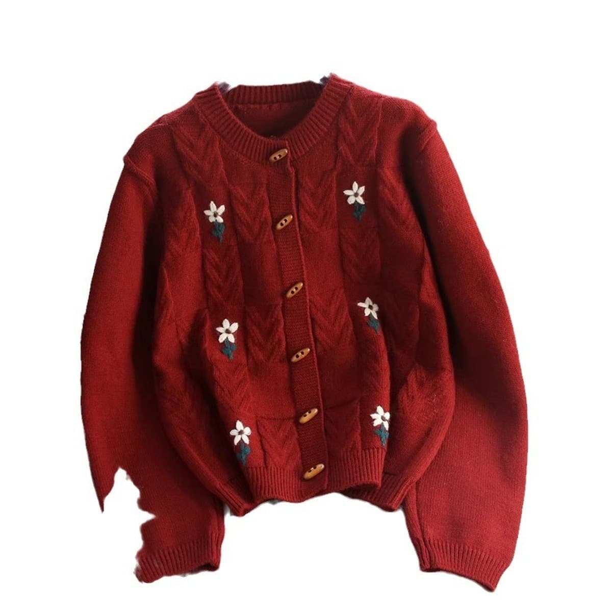 Ретро роговая пуговица Новый год красный свитер кардиган женский осенний и зимний толстый свободный ленивый новый год...