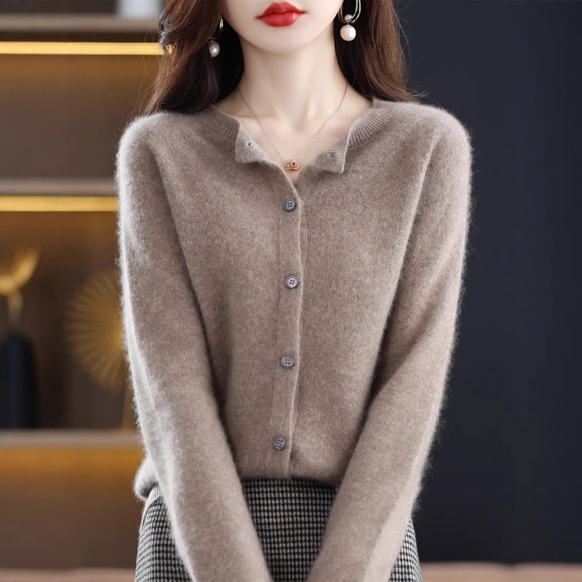 Шерстяной кардиган трикотажный кардиган женский тонкий свитер пальто осенью и зимой с круглым вырезом с длинными рукавами...