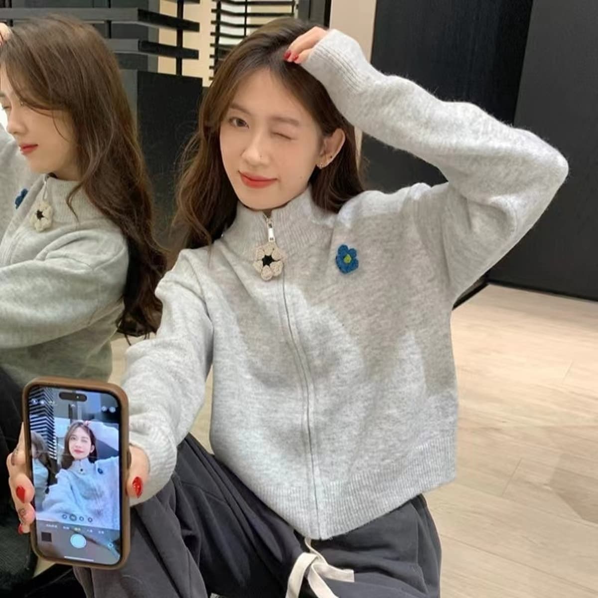 Серый свитер с высоким воротником и молнией того же дизайна для женщин, весенний, осенний и зимний маленький свободный...