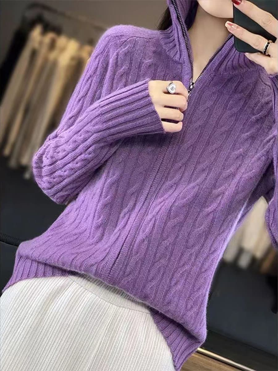 Осенне-зимний женский кардиган с высоким воротником из искусственной шерсти, свитер крупной вязки на молнии, свободное...