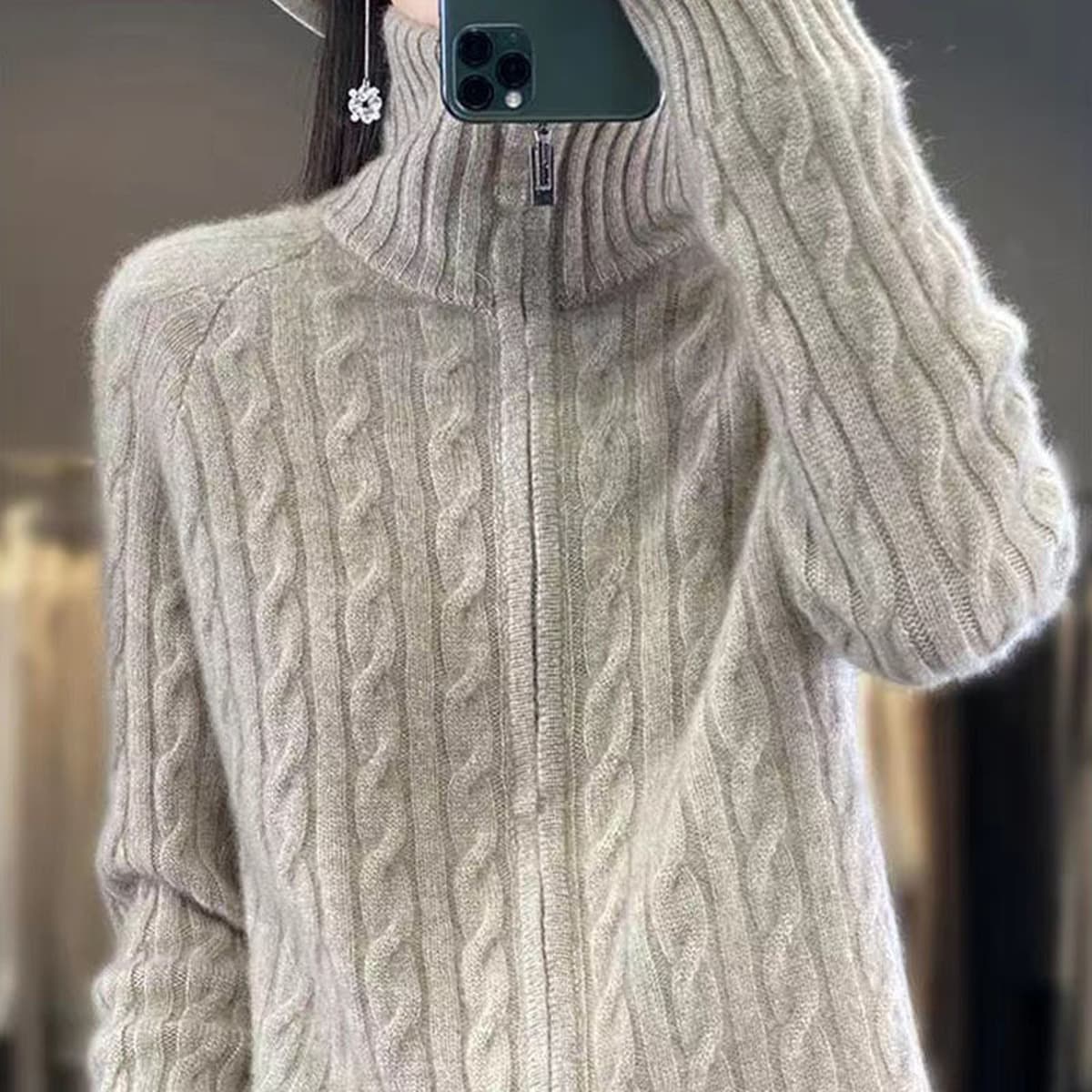 Осенне-зимний женский кардиган с высоким воротником из искусственной шерсти, свитер крупной вязки на молнии, свободное...