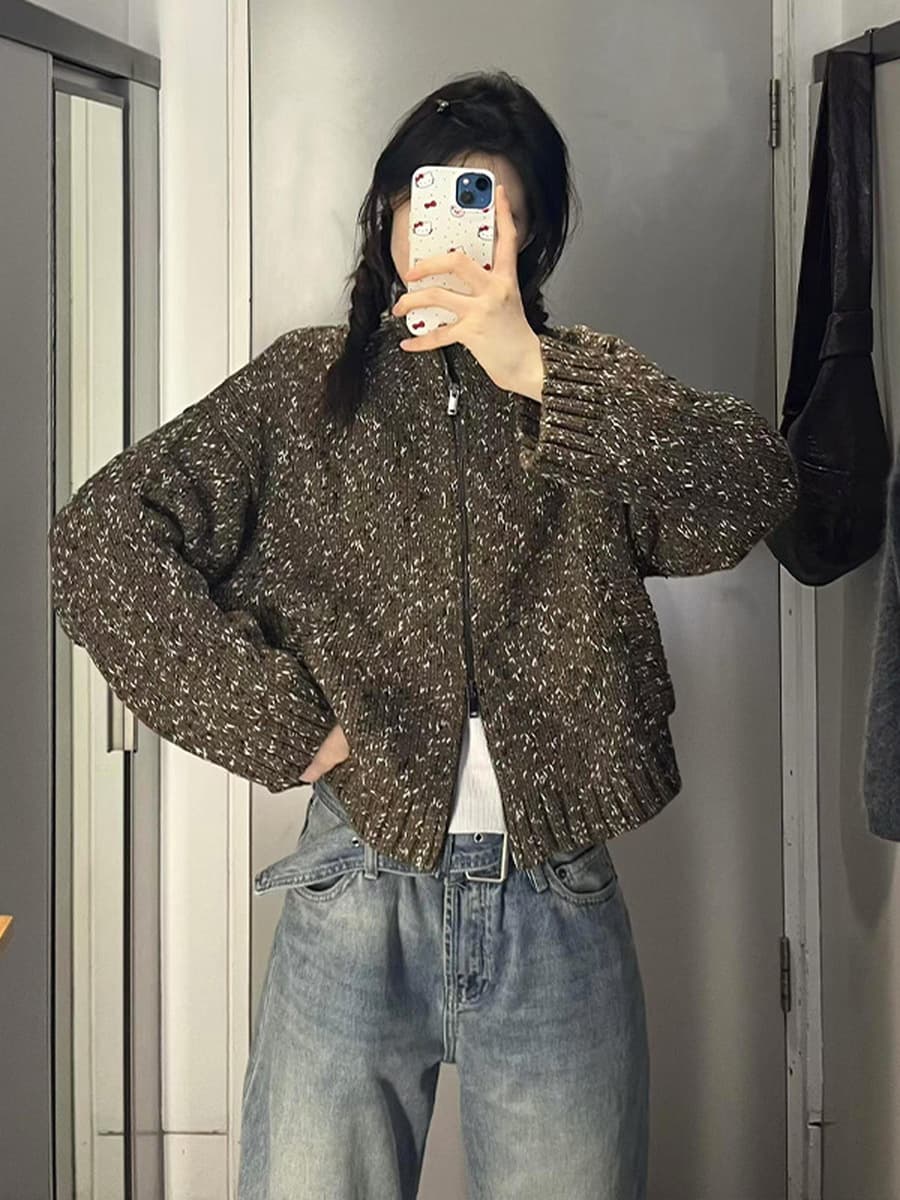 Новинка осени/зимы 2025: Женский повседневный кардиган из смесовой шерсти с цветными блоками, фактурной вязкой, молнией и...