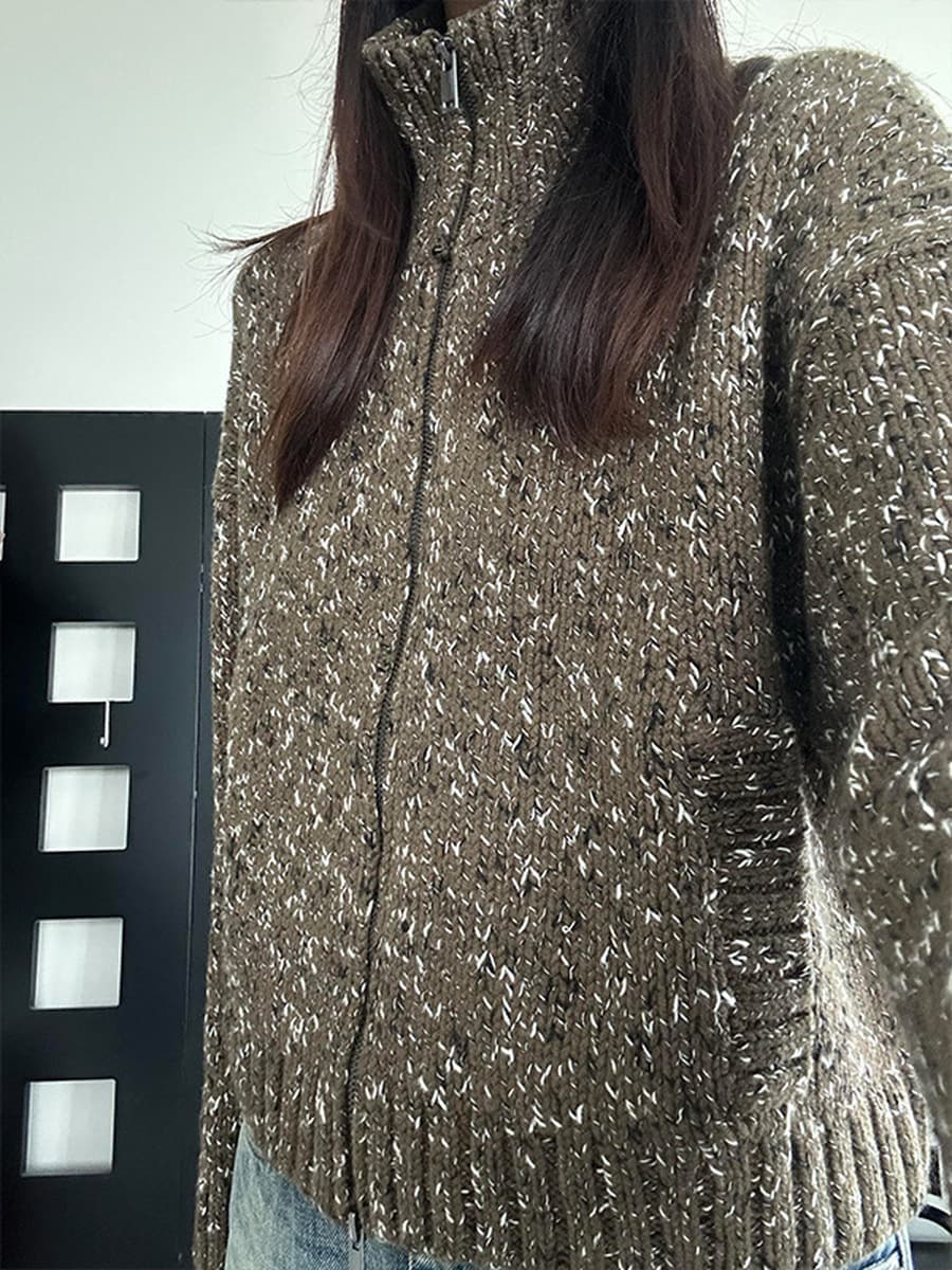 Новинка осени/зимы 2025: Женский повседневный кардиган из смесовой шерсти с цветными блоками, фактурной вязкой, молнией и...