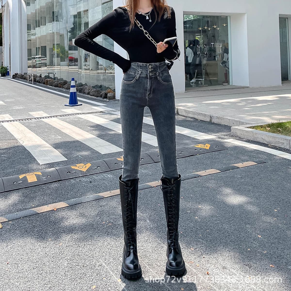 Осенью и зимой плюшевые новые ультра-высокие узкие джинсы