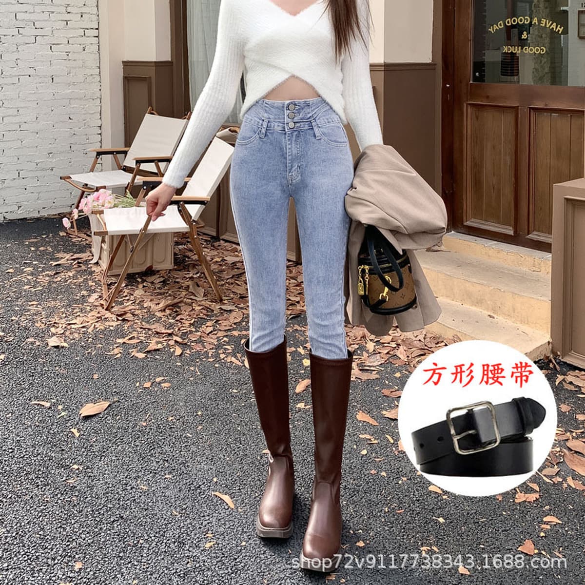 Осенью и зимой плюшевые новые ультра-высокие узкие джинсы