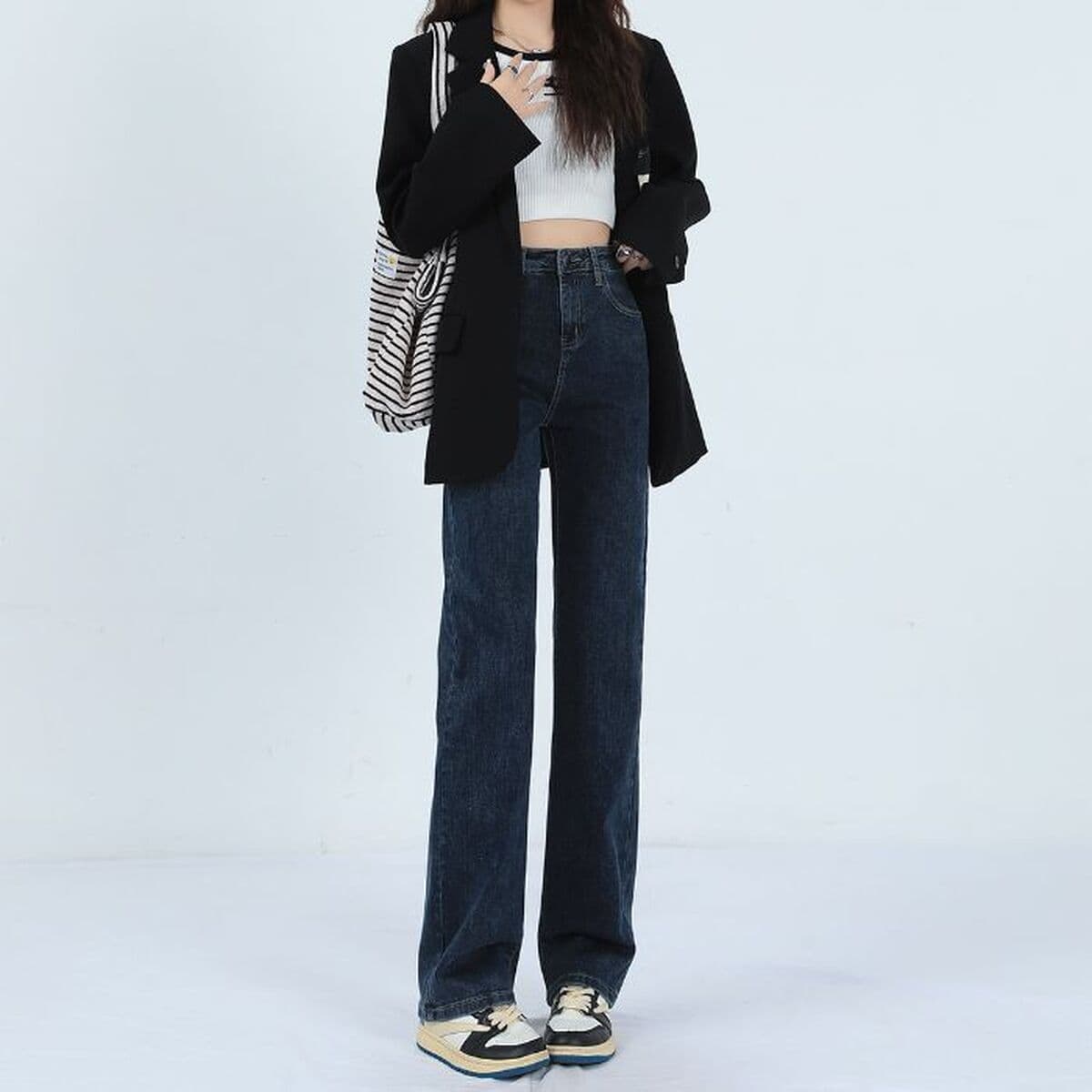 Черные прямые джинсы для женщин, новинка осени-зимы 2025, с высокой талией, стройнящие, увеличивающие рост, узкие широкие...