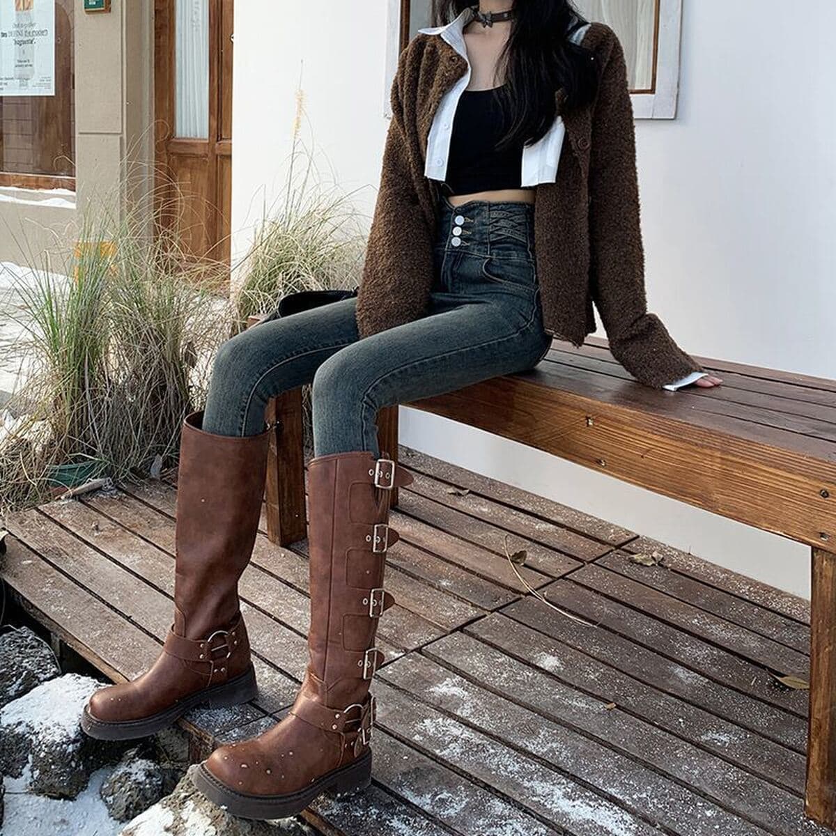 Утолщенные Серые Цементные джинсы с завышенной талией на флисовой подкладке, Женские Новые облегающие эластичные...