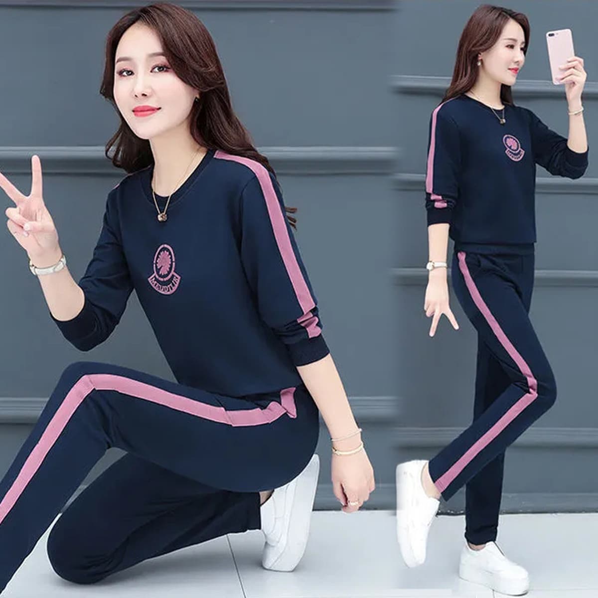 Повседневный спортивный костюм Женская осень 2024 новая корейская версия длинных рукава брюки большие размеры тонкая мода...
