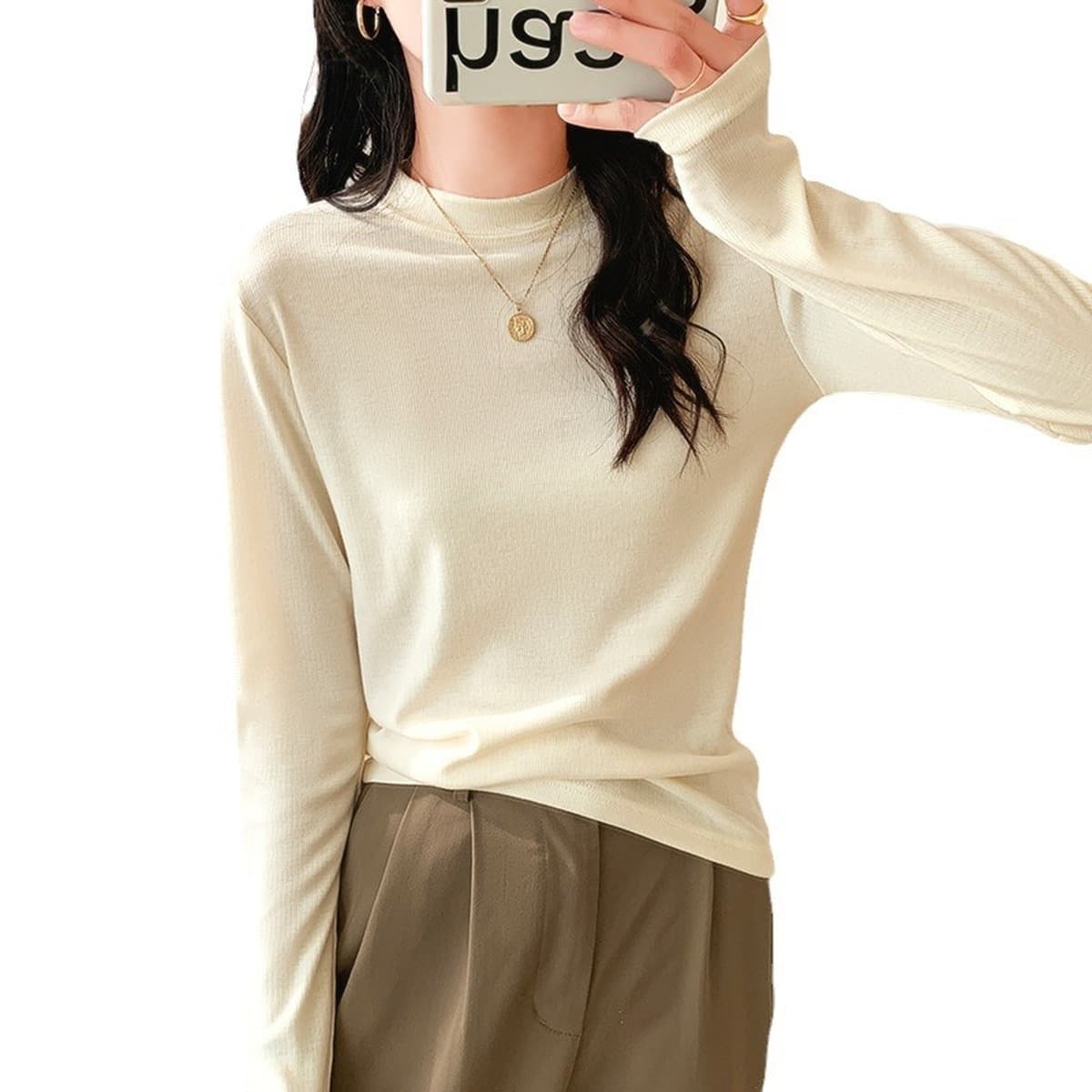 Футболка с длинным рукавом Женская утолщенная нижняя рубашка Весна и осень новая верхняя одежда с круглым воротником-стойкой...