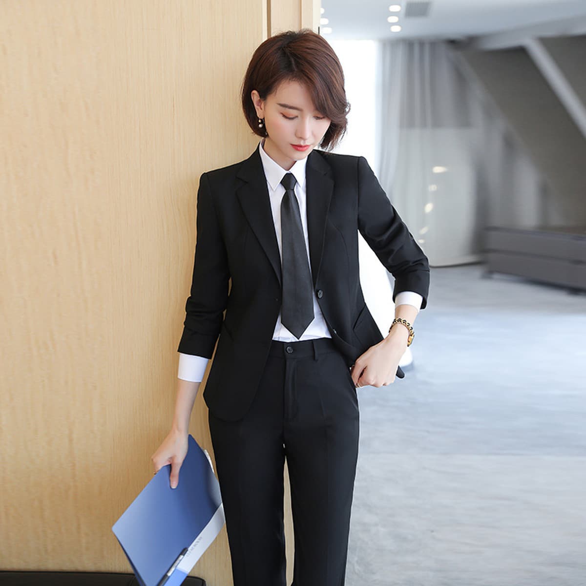 Черный костюм для женщин, весна-осень, наряд для собеседования, новый стиль 2025 года, пиджак, профессиональная деловая...