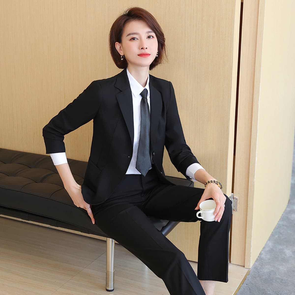 Черный костюм для женщин, весна-осень, наряд для собеседования, новый стиль 2025 года, пиджак, профессиональная деловая...