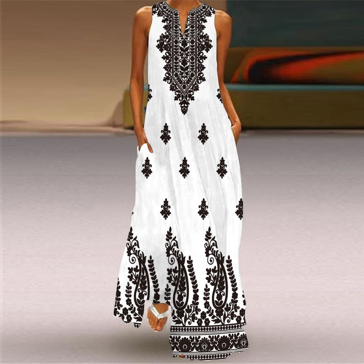 Новое летнее женское платье 2026 года без рукавов с V-образным вырезом, с принтом, сексуальное, длинное, в европейском и...
