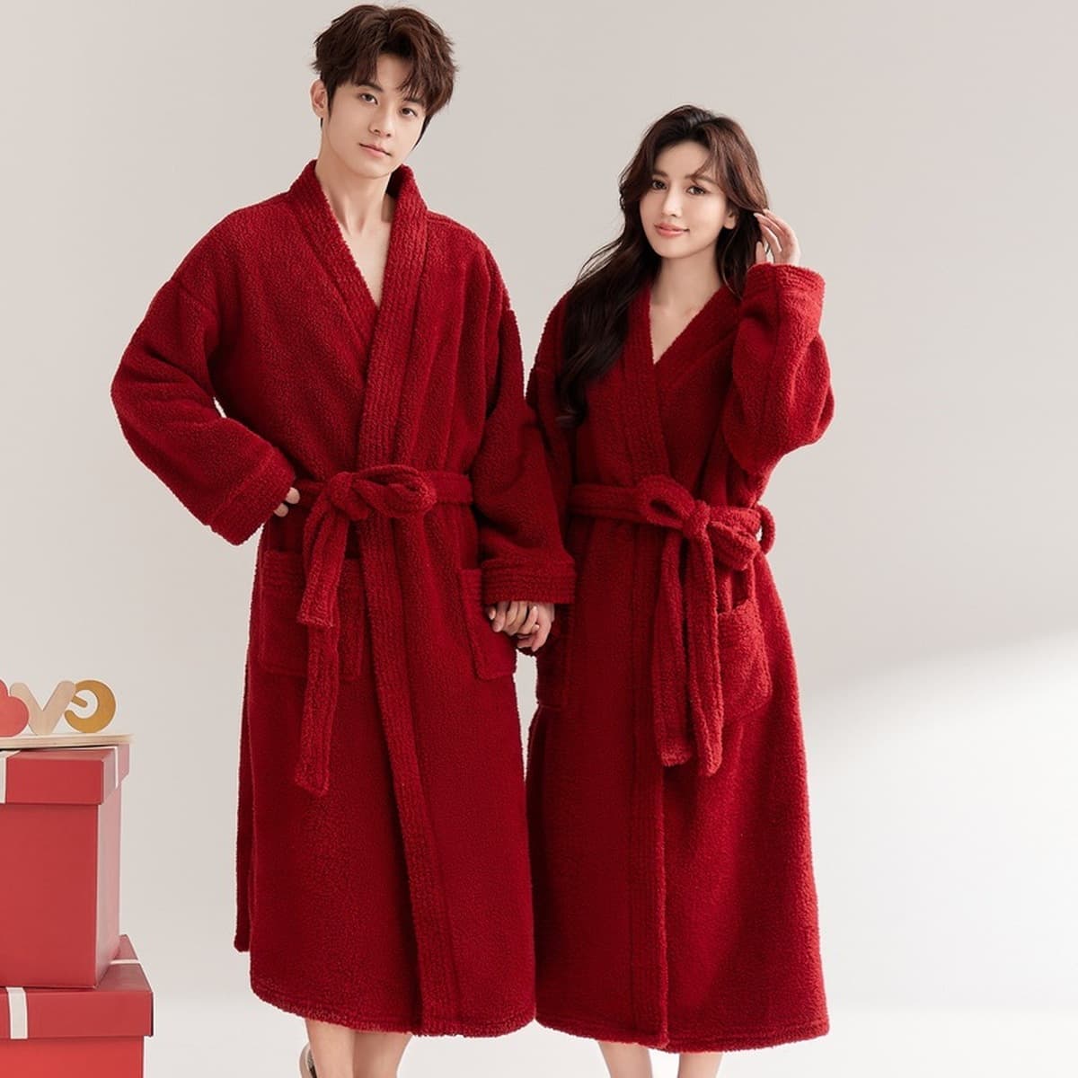 Красная пара ночная одежда женская осенью и зимой плюшевая фланелевая пижама мужская свадьба новобрачный халат длинная...