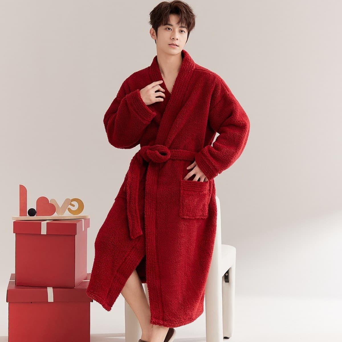 Красная пара ночная одежда женская осенью и зимой плюшевая фланелевая пижама мужская свадьба новобрачный халат длинная...