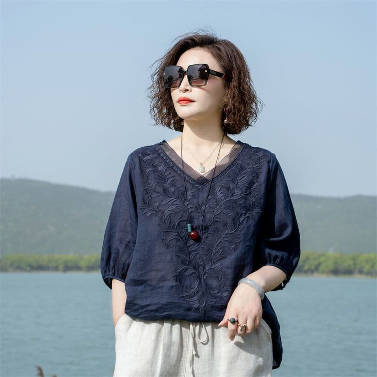 Высококачественная хлопковая и льняная вышивка рубашка женская лето 2023 года