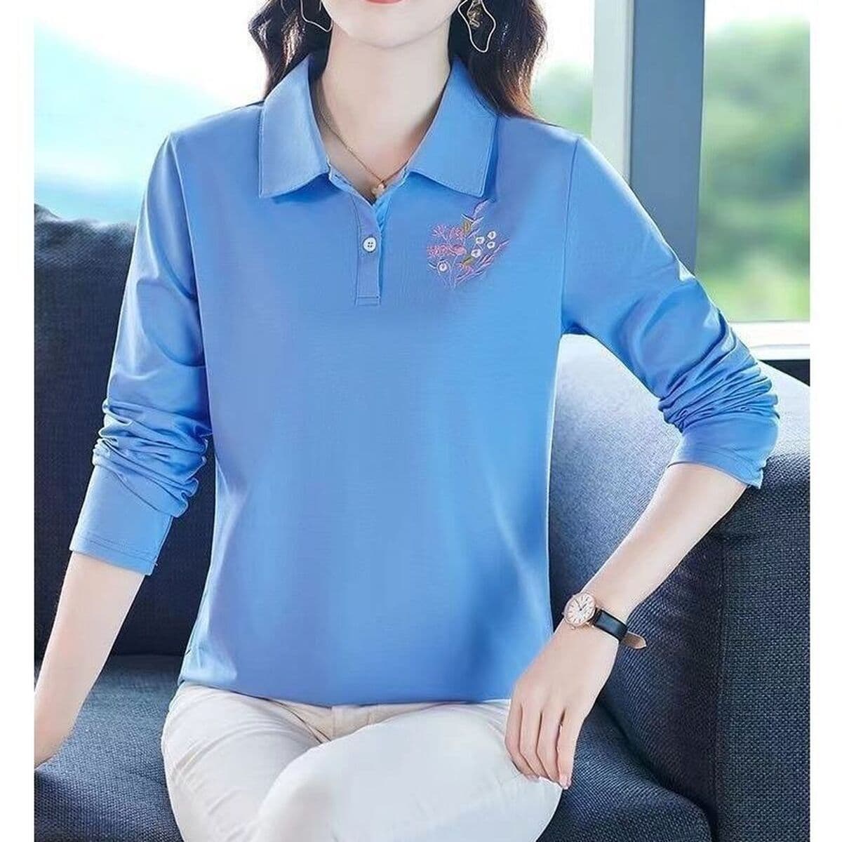 Женская рубашка с длинными рукавами на весну и осень, одежда для мам с лацканами, топ с воротником, уменьшающий возраст,...