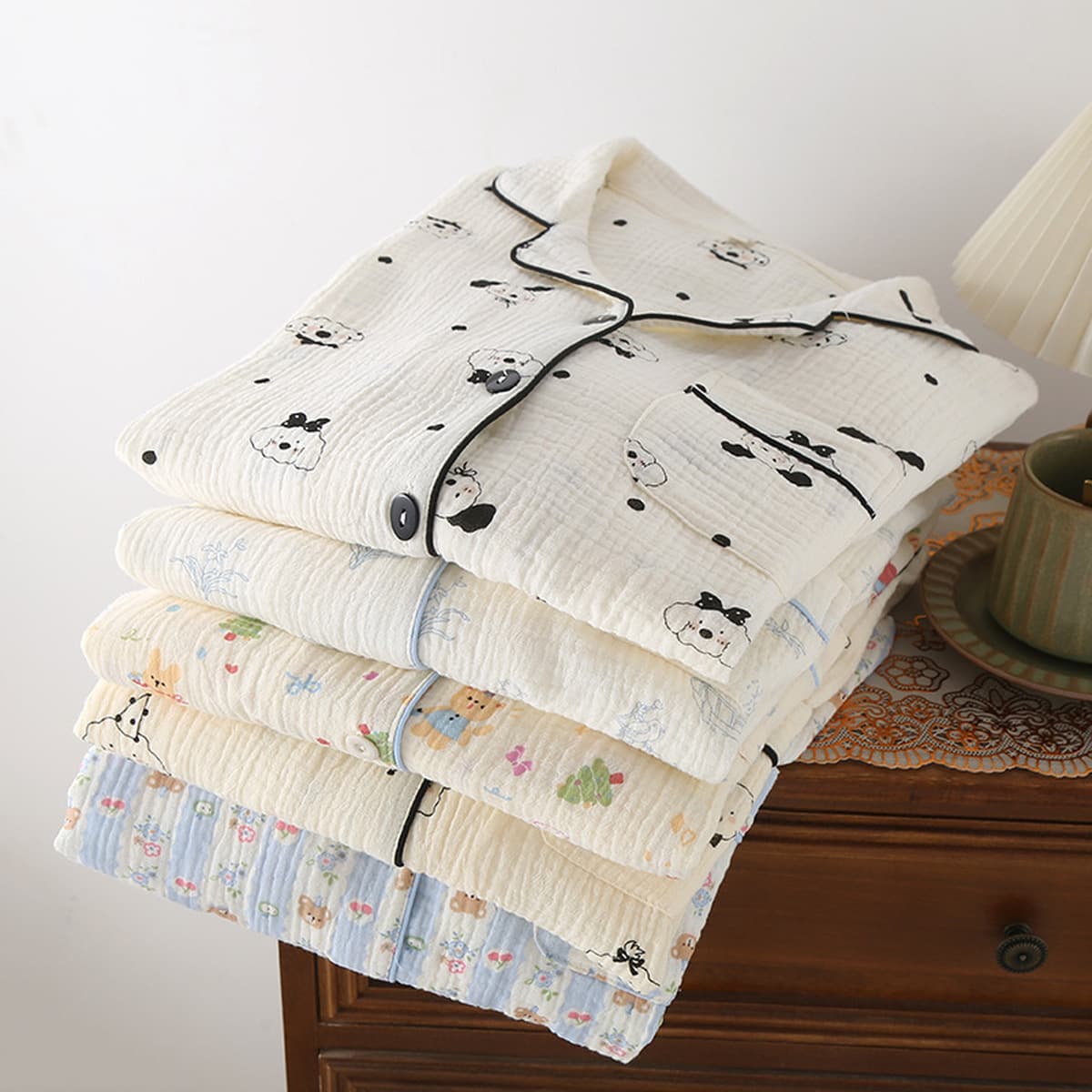 Двухслойная хлопчатобумажная пряжа с рисунком из мультфильмов, женская домашняя одежда, пижамы, брюки с длинными рукавами,...