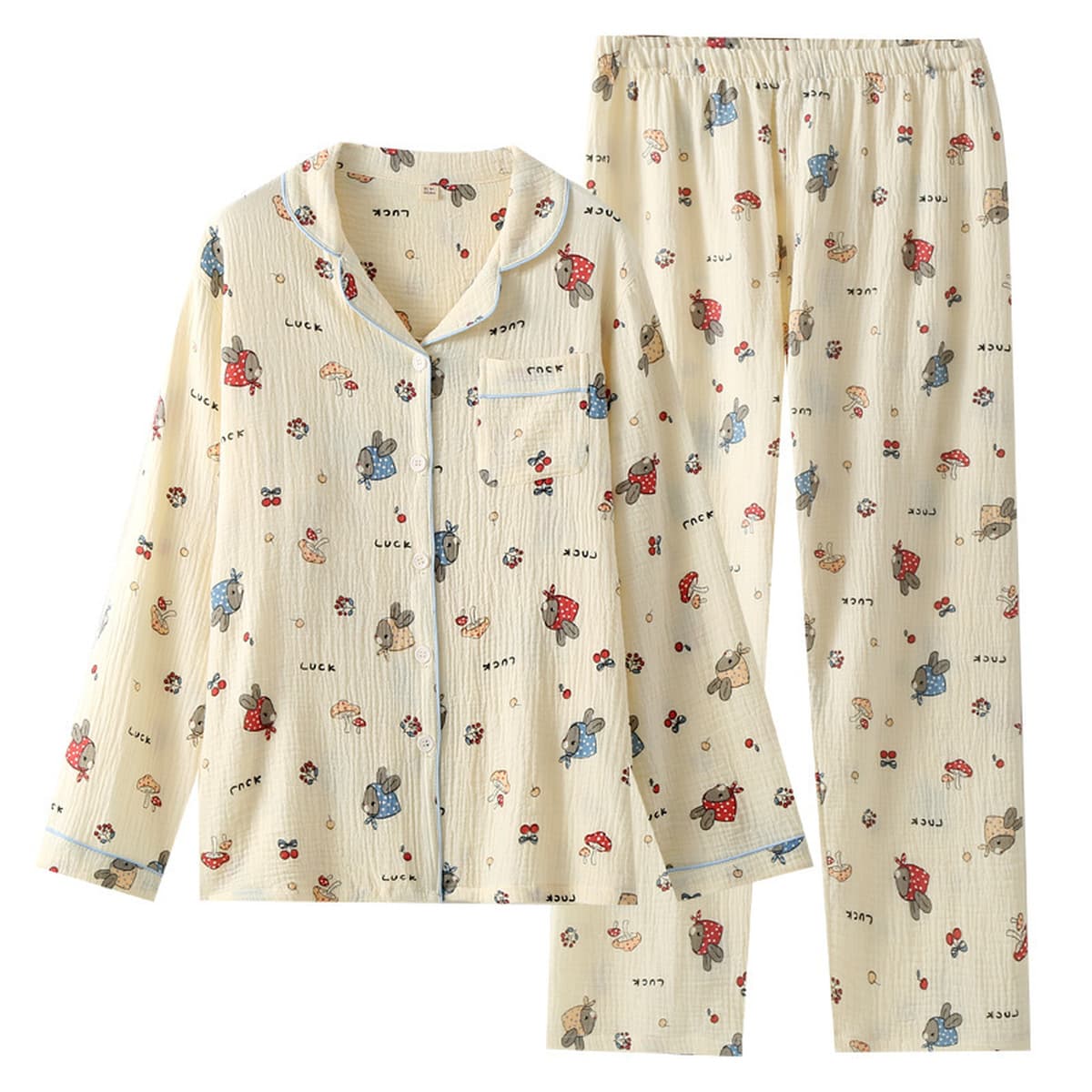 Двухслойная хлопчатобумажная пряжа с рисунком из мультфильмов, женская домашняя одежда, пижамы, брюки с длинными рукавами,...