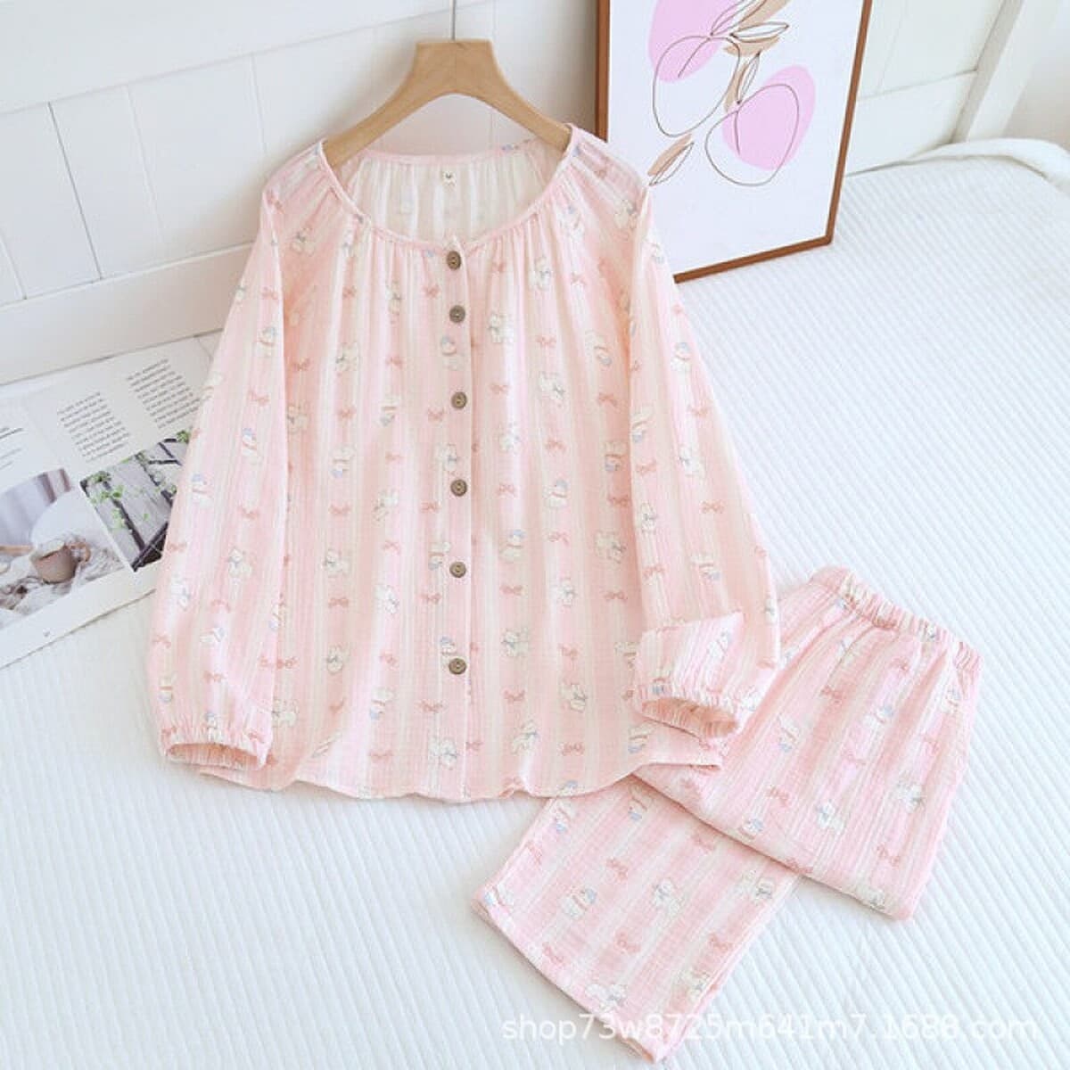 Двухслойная хлопчатобумажная пряжа с рисунком из мультфильмов, женская домашняя одежда, пижамы, брюки с длинными рукавами,...