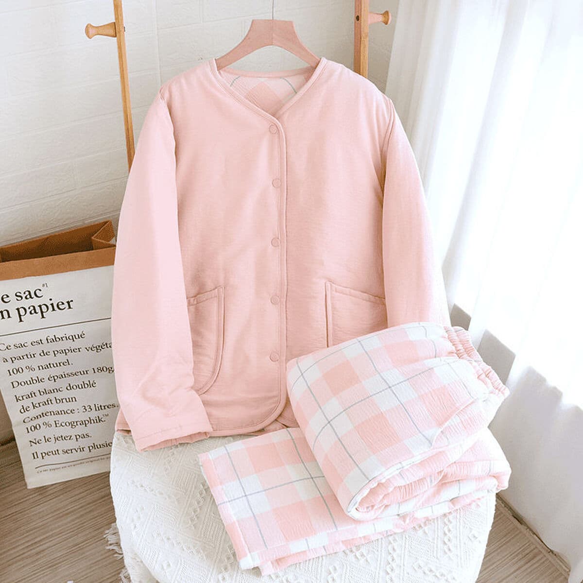 Без печати хороший японский стиль утолщенный хлопок двухслойная хлопчатобумажная пижама женская сплошная мужская зимняя...