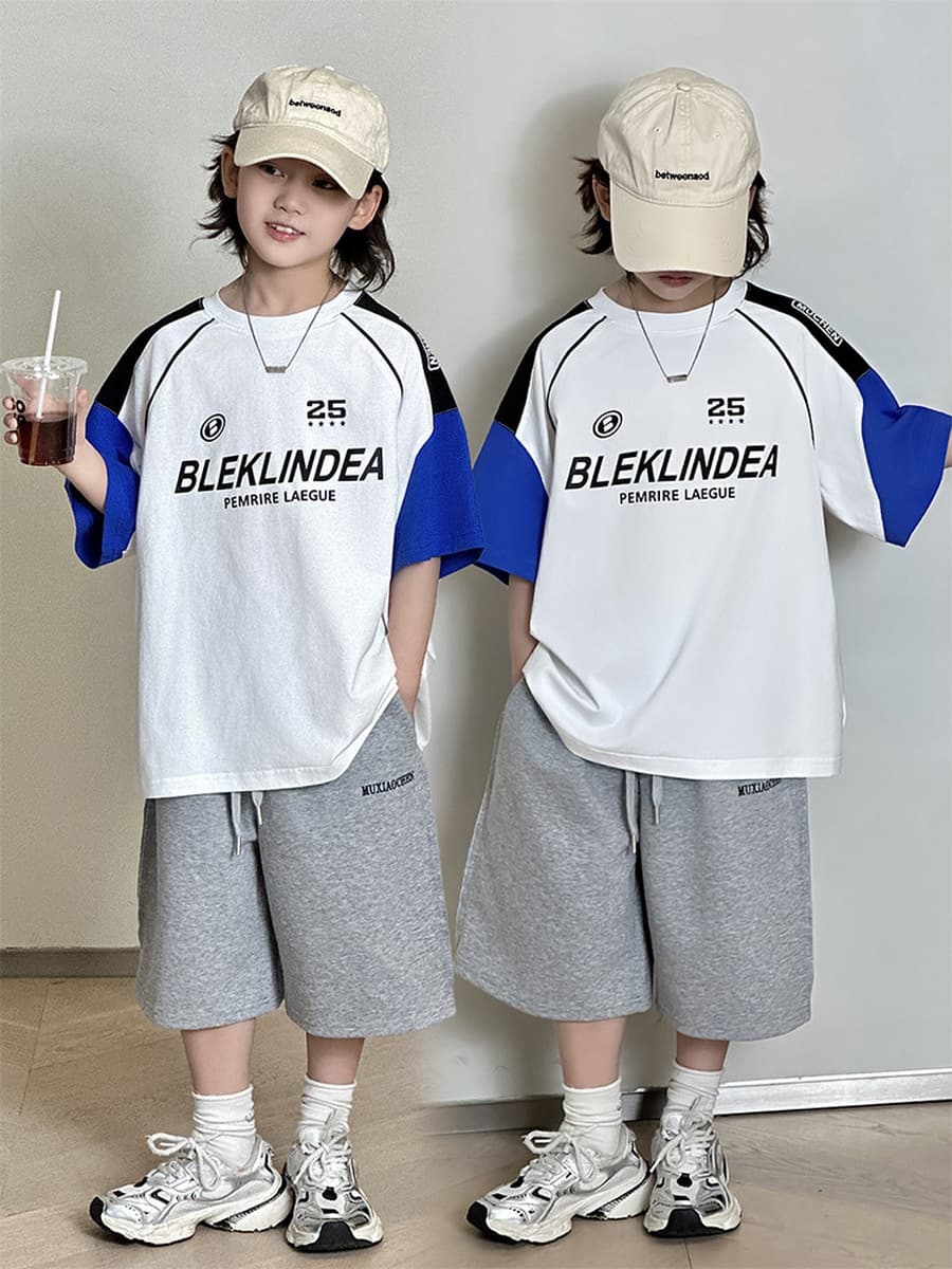 Летняя новинка 2026: Футболка для мальчиков в американском стиле с заниженной линией плеча, в стиле пэчворк, из вельвета с...