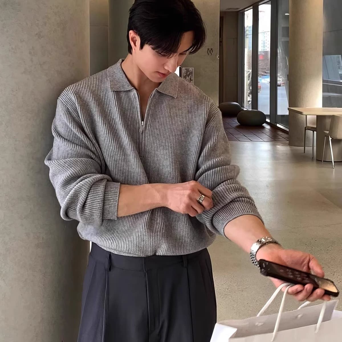 Зимняя корейская версия ins премиум-класса лацкана полузастежка-свитер мужской красивый прилив тренд повседневный свитер