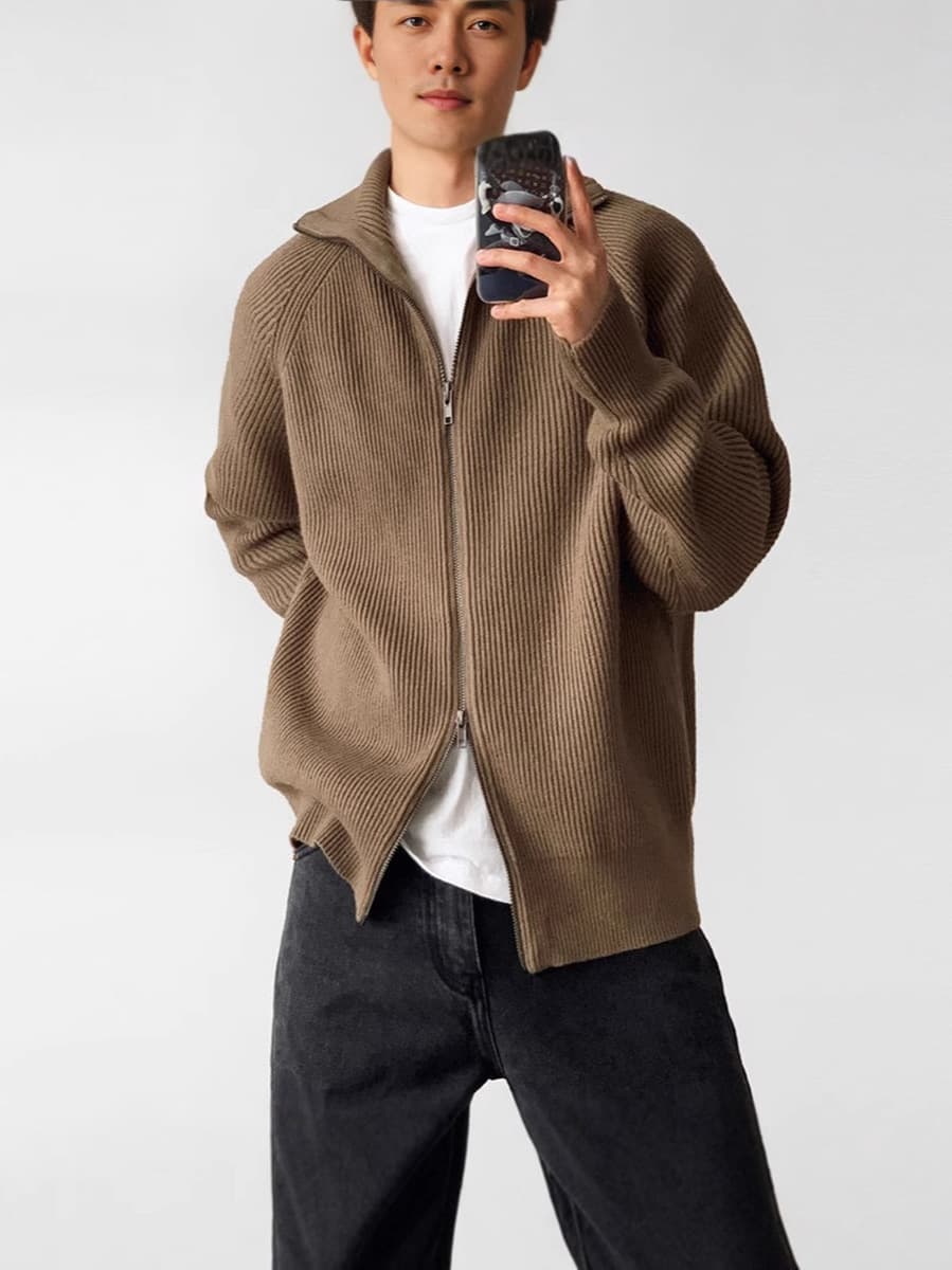 2024 новый полувысокий воротник двойной открытый свитер на молнии мужской осенний и зимний свободный ленивый свитер свитер...