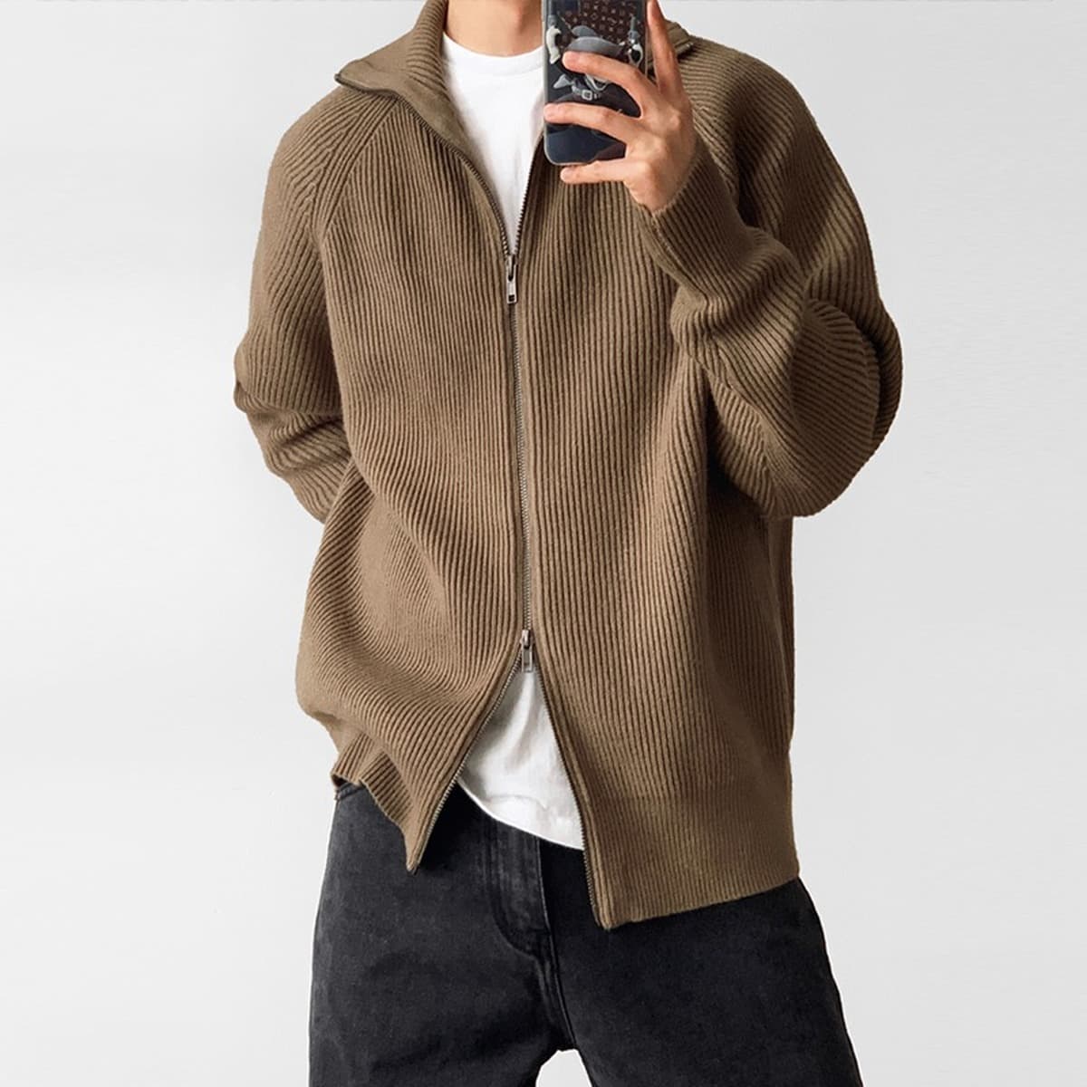 2024 новый полувысокий воротник двойной открытый свитер на молнии мужской осенний и зимний свободный ленивый свитер свитер...