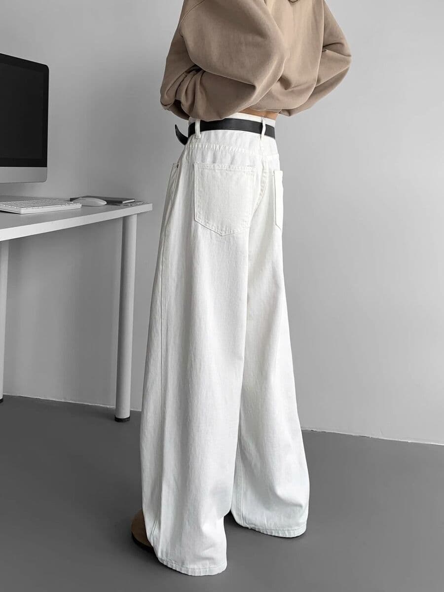 Американские тяжелые джинсы, мужские осенние белые модные брендовые широкие брюки, молодежные спортивные прямые брюки в...