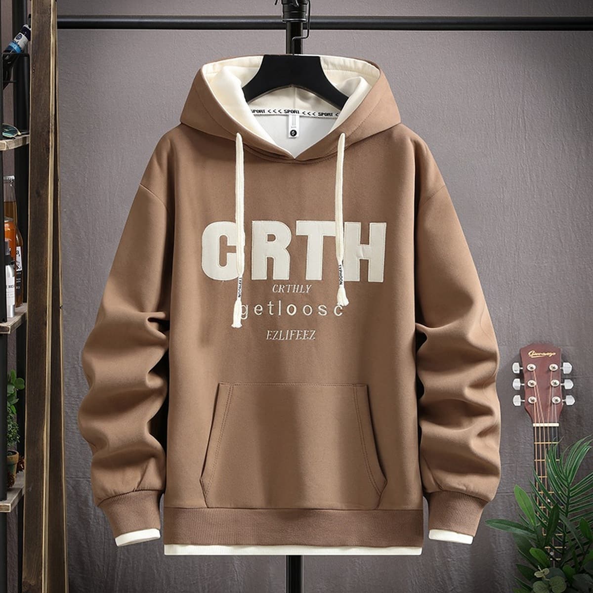 Однотонная толстовка для мальчиков осенью и зимой 2025 года, модный двухслойный стиль с капюшоном и вышивкой в китайском...