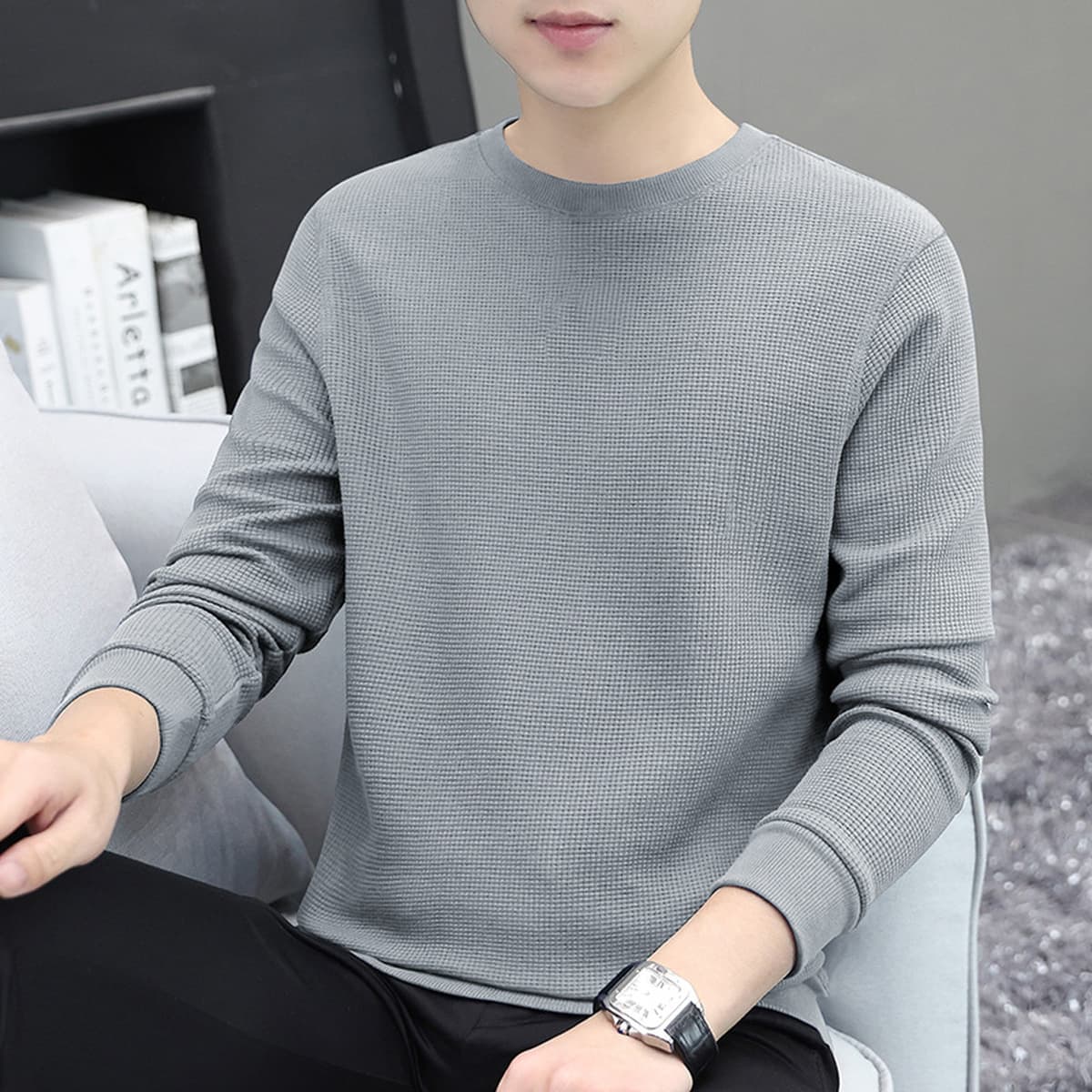 Мужская толстовка из плотного вафельного трикотажа 320 г, с длинным рукавом, новая модная базовая футболка-топ для осени и...