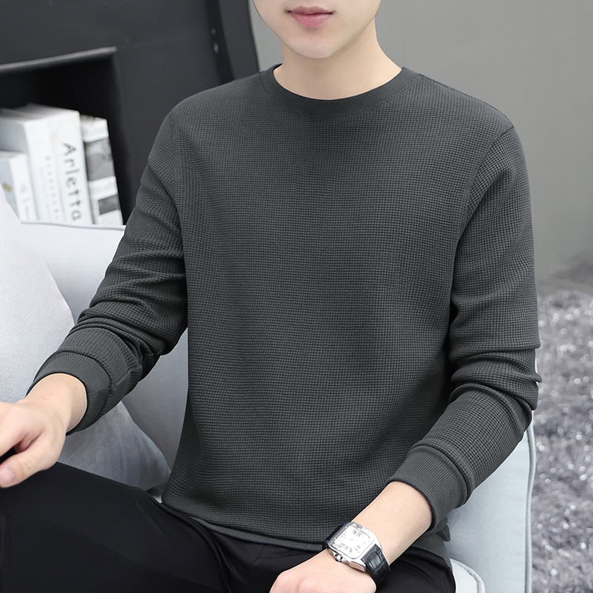 Мужская толстовка из плотного вафельного трикотажа 320 г, с длинным рукавом, новая модная базовая футболка-топ для осени и...