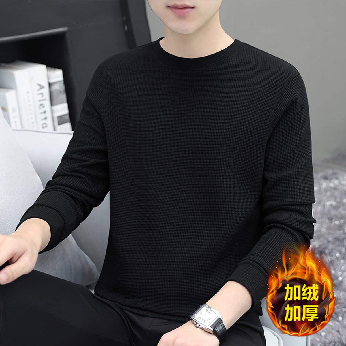 Мужская толстовка из плотного вафельного трикотажа 320 г, с длинным рукавом, новая модная базовая футболка-топ для осени и...