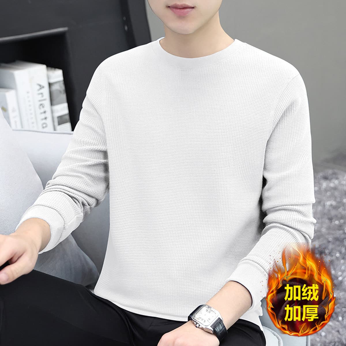 Мужская толстовка из плотного вафельного трикотажа 320 г, с длинным рукавом, новая модная базовая футболка-топ для осени и...