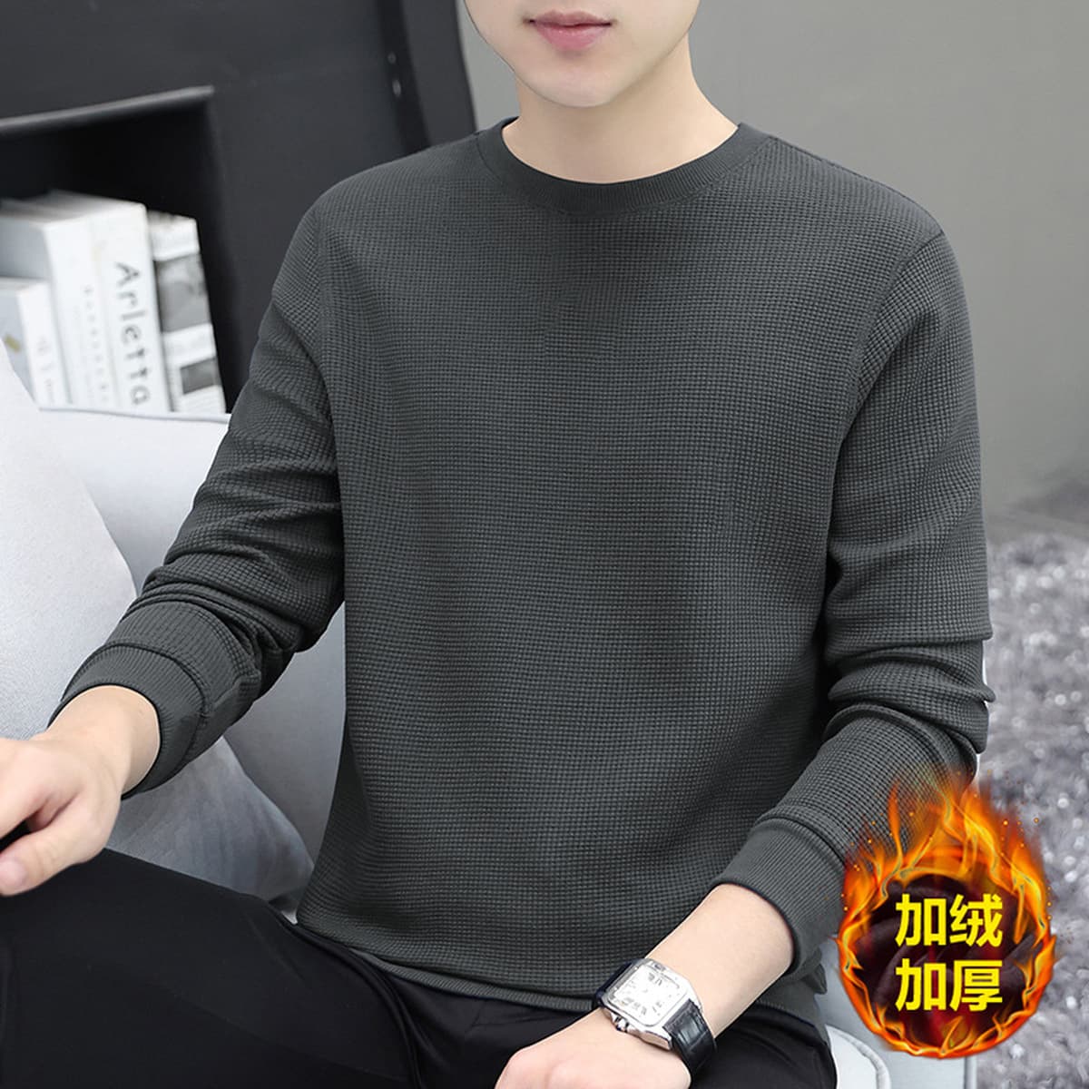 Мужская толстовка из плотного вафельного трикотажа 320 г, с длинным рукавом, новая модная базовая футболка-топ для осени и...