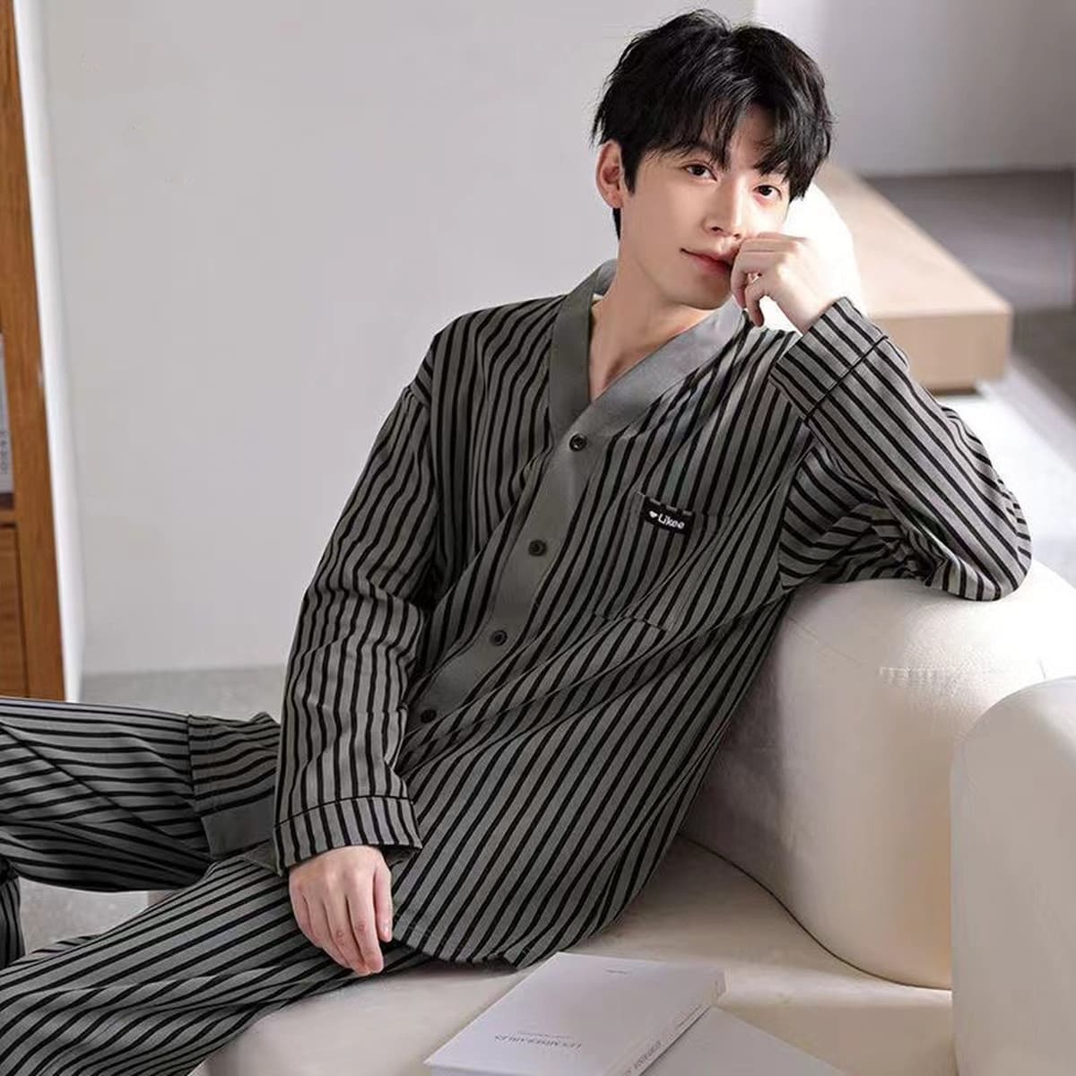 Высококачественная хлопчатобумажная пижама мужская весна и осень с длинными рукавами